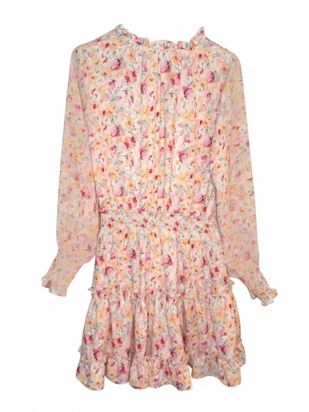 Vanilla Yellow Floral Mini Dress Long Sleeve Mock Neck Cream - Picture 2 of 11